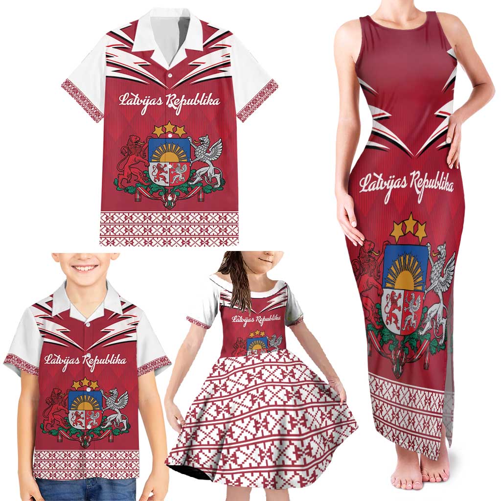 Personalized Latvia Family Matching Tank Maxi Dress and Hawaiian Shirt Latvijas Republika Folk Pattern