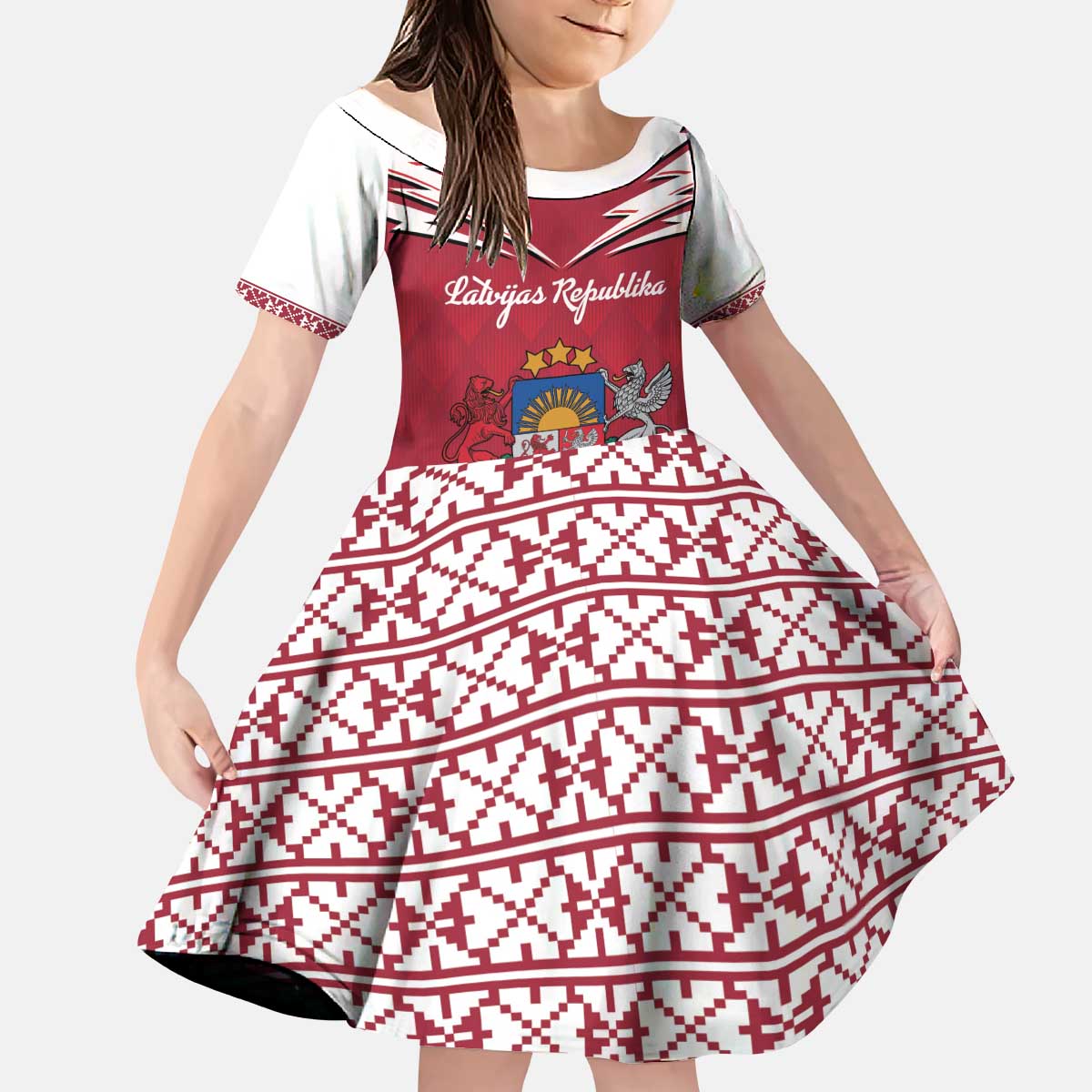 Personalized Latvia Kid Short Sleeve Dress Latvijas Republika Folk Pattern