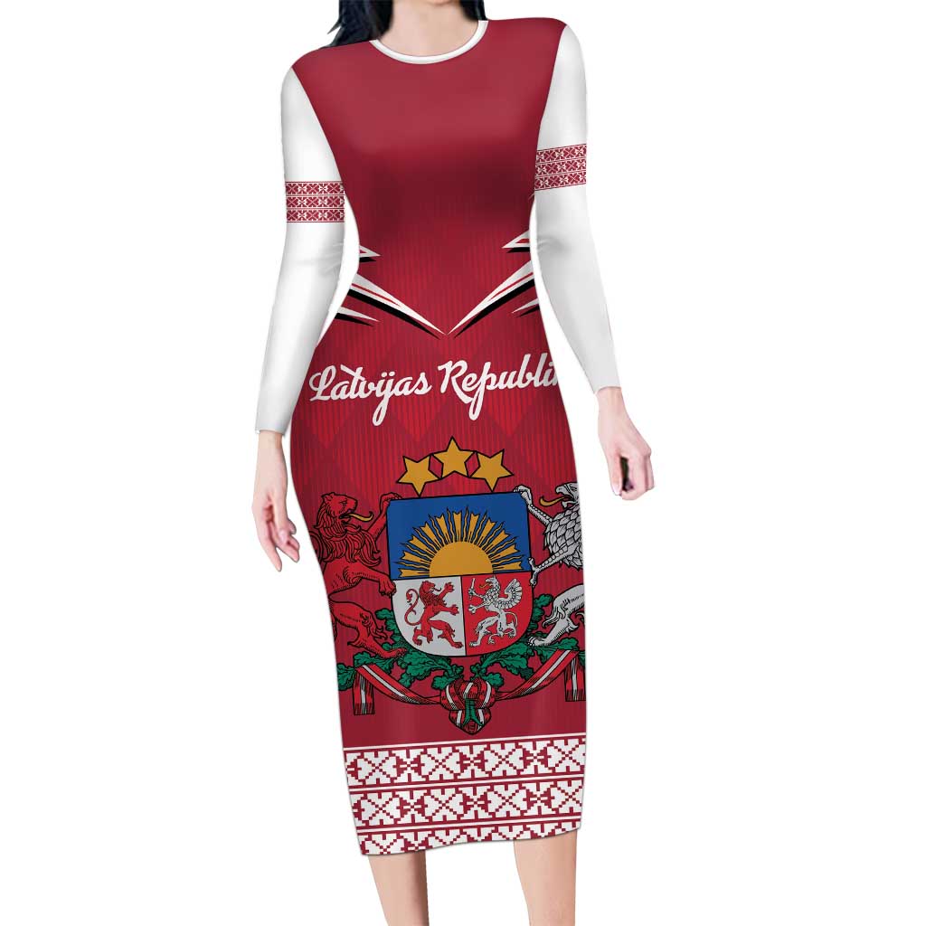 Personalized Latvia Long Sleeve Bodycon Dress Latvijas Republika Folk Pattern