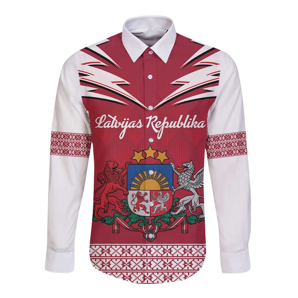 Personalized Latvia Long Sleeve Button Shirt Latvijas Republika Folk Pattern
