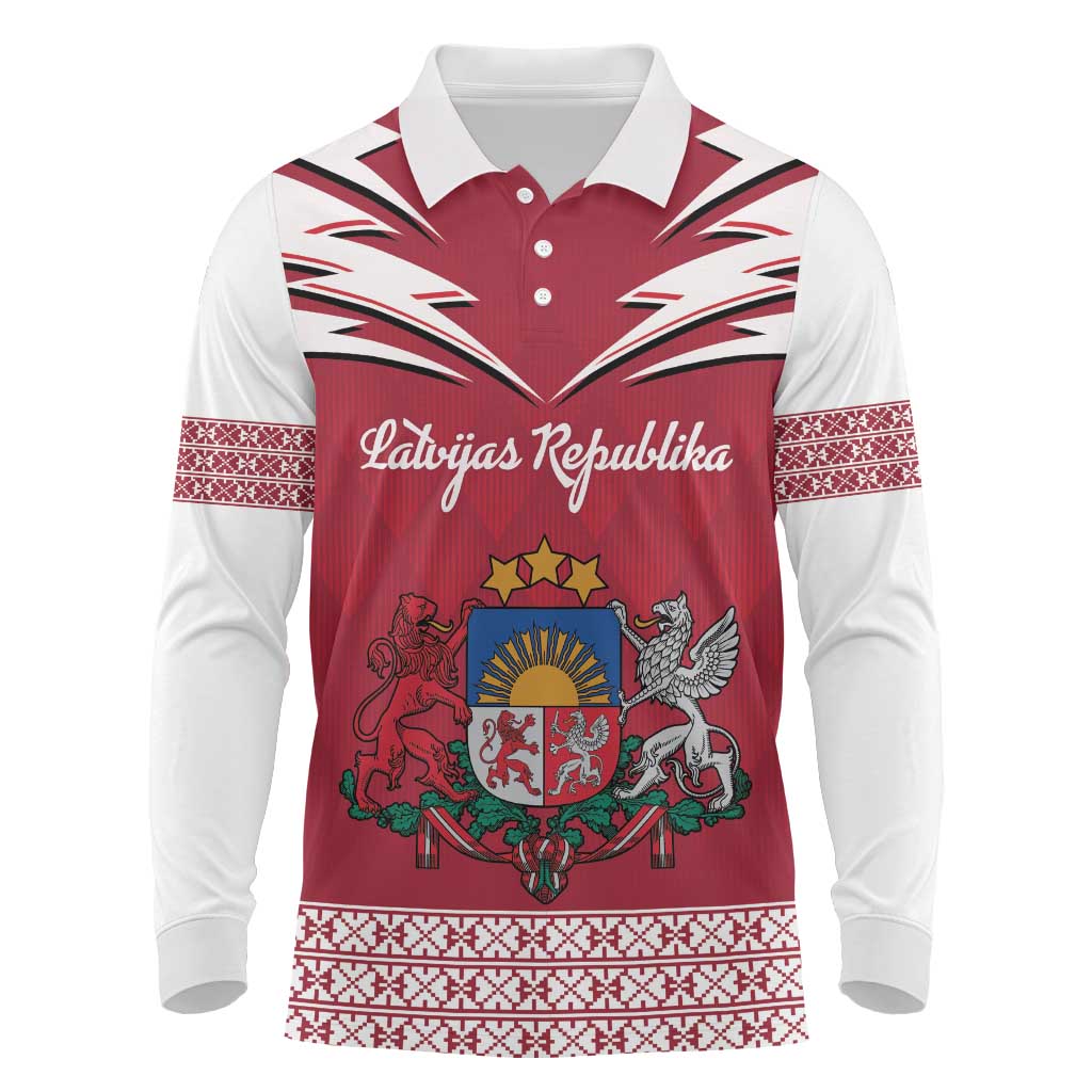 Personalized Latvia Long Sleeve Polo Shirt Latvijas Republika Folk Pattern