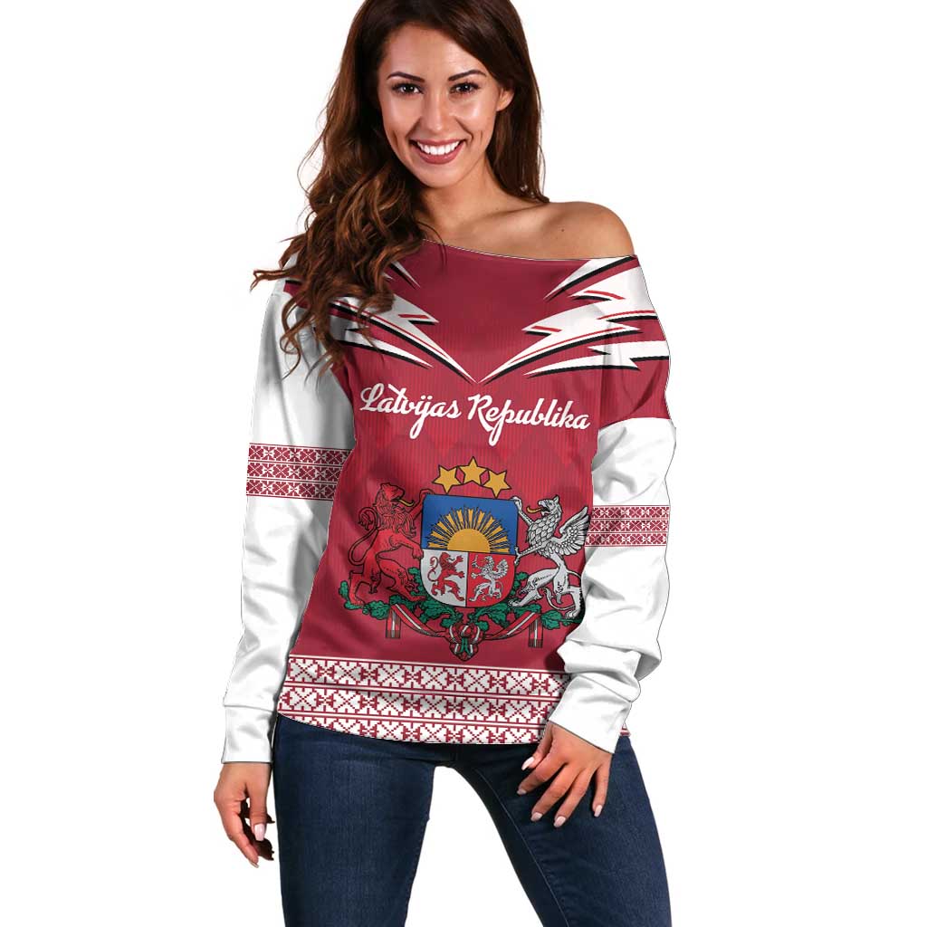 Personalized Latvia Off Shoulder Sweater Latvijas Republika Folk Pattern