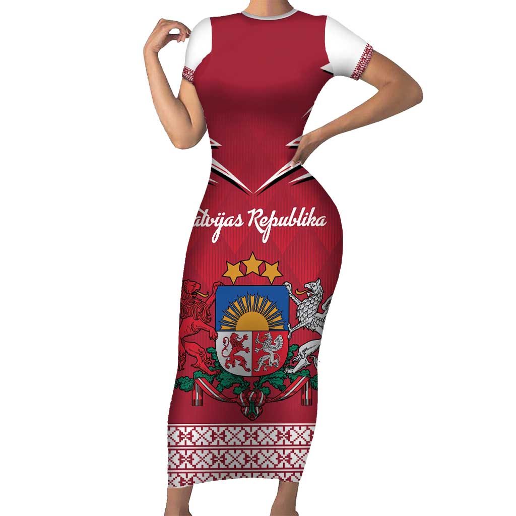 Personalized Latvia Short Sleeve Bodycon Dress Latvijas Republika Folk Pattern