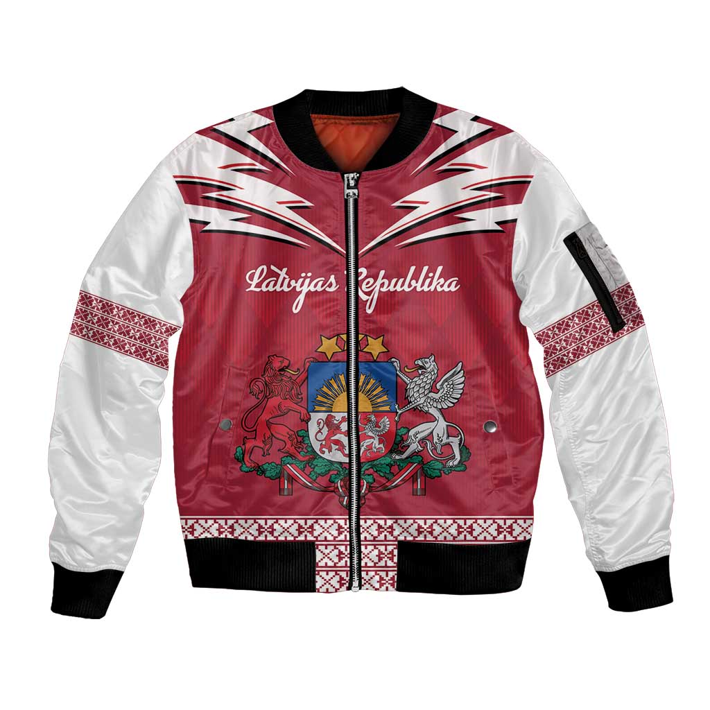 Personalized Latvia Sleeve Zip Bomber Jacket Latvijas Republika Folk Pattern