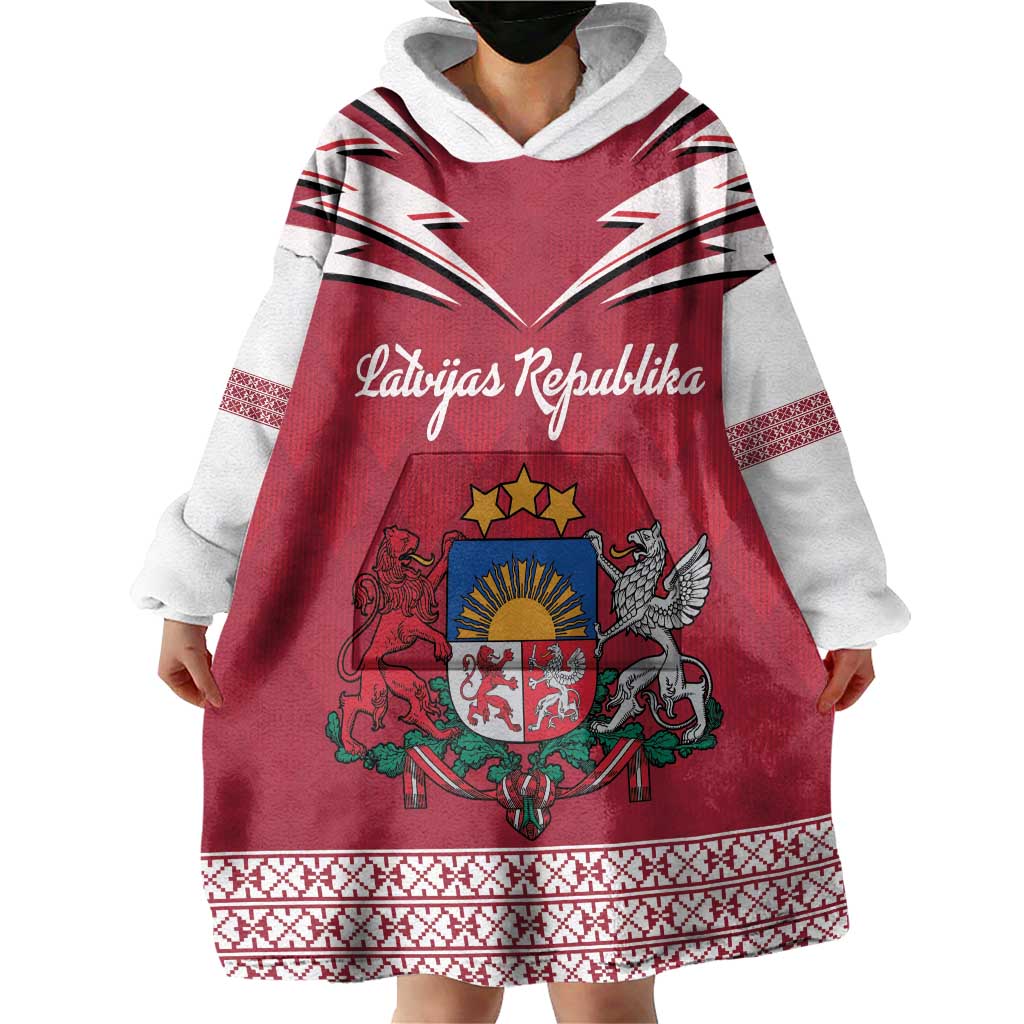 Personalized Latvia Wearable Blanket Hoodie Latvijas Republika Folk Pattern