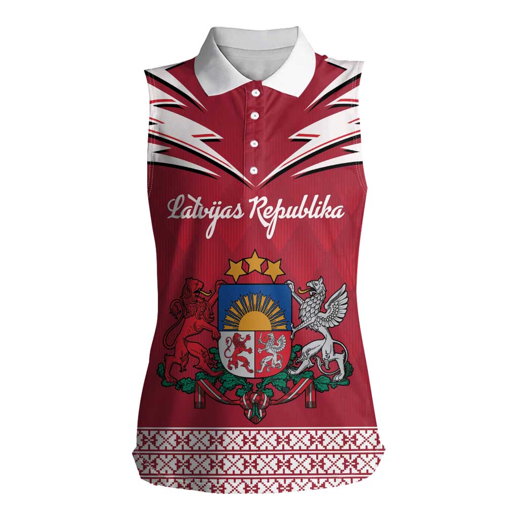 Personalized Latvia Women Sleeveless Polo Shirt Latvijas Republika Folk Pattern