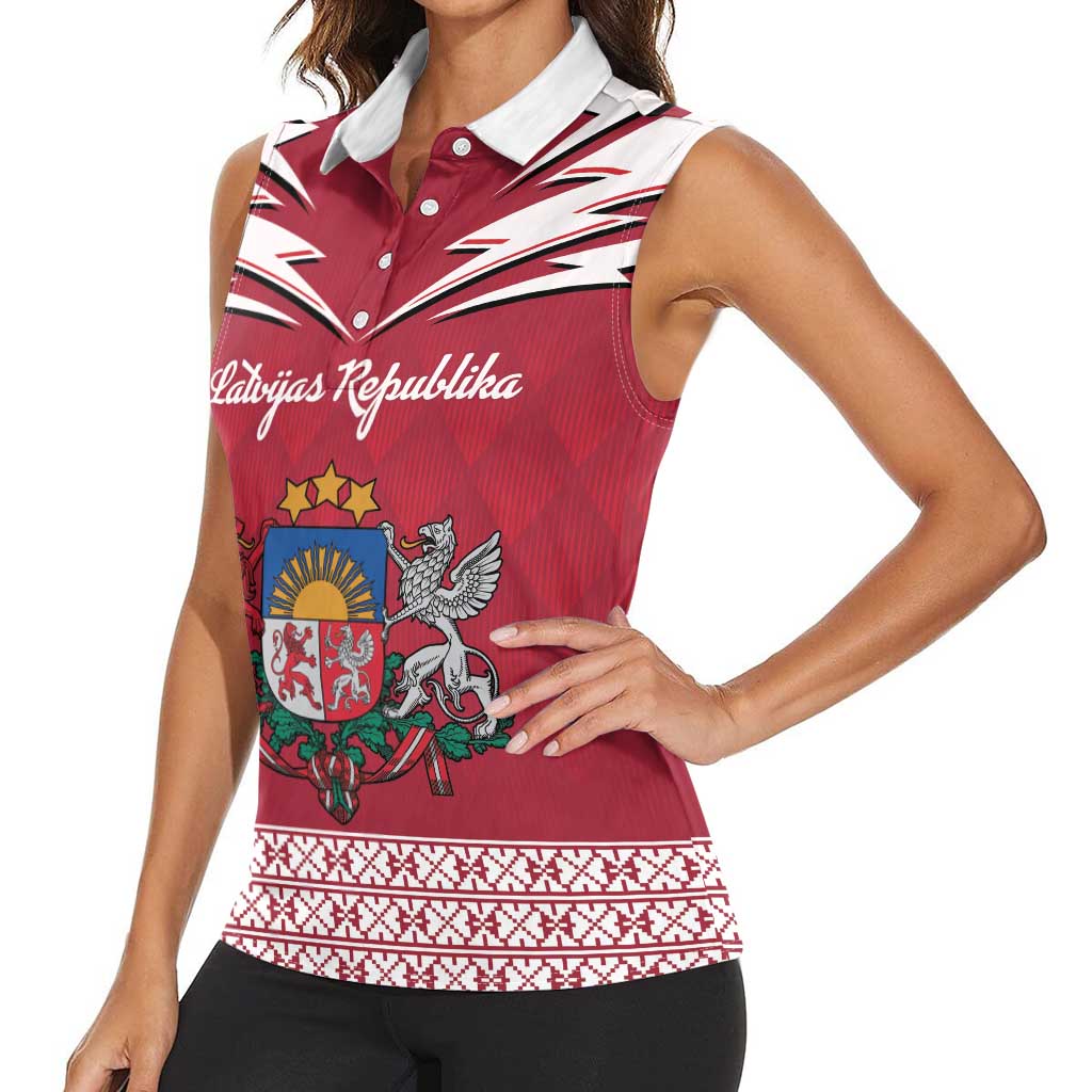 Personalized Latvia Women Sleeveless Polo Shirt Latvijas Republika Folk Pattern
