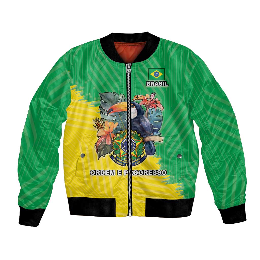 Brazil Coat Of Arms Bomber Jacket With Flag Style - Wonder Print Shop
