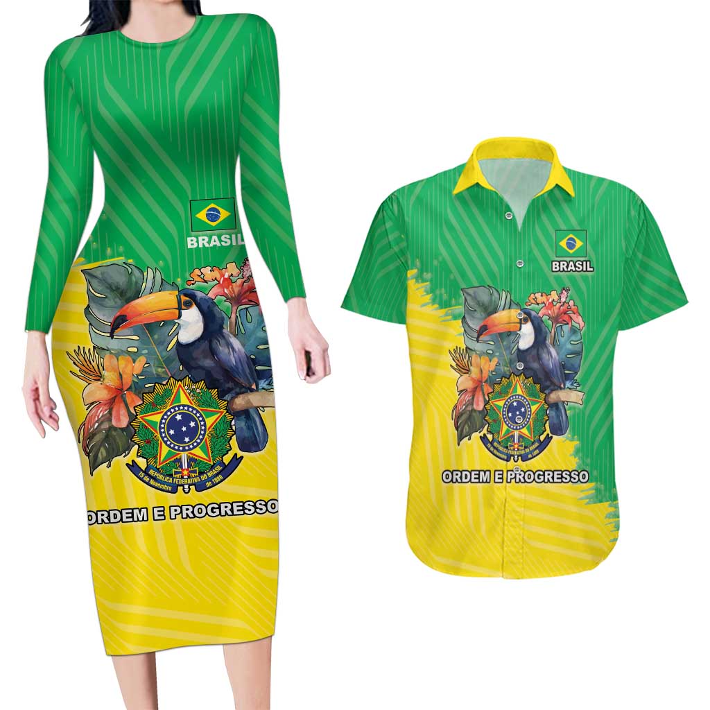 Brazil Coat Of Arms Couples Matching Long Sleeve Bodycon Dress and Hawaiian Shirt With Flag Style - Wonder Print Shop