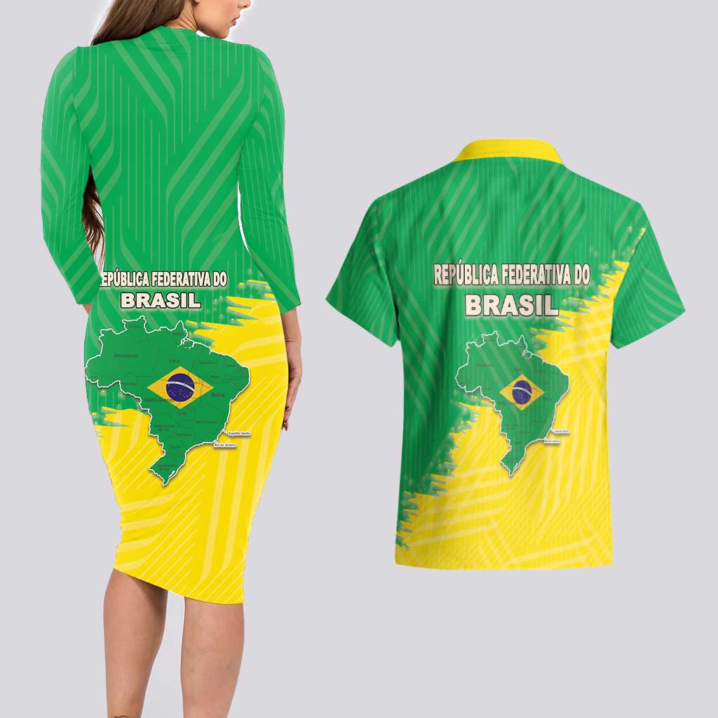 Brazil Coat Of Arms Couples Matching Long Sleeve Bodycon Dress and Hawaiian Shirt With Flag Style - Wonder Print Shop