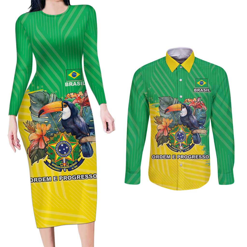 Brazil Coat Of Arms Couples Matching Long Sleeve Bodycon Dress and Long Sleeve Button Shirt With Flag Style - Wonder Print Shop