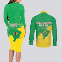 Brazil Coat Of Arms Couples Matching Long Sleeve Bodycon Dress and Long Sleeve Button Shirt With Flag Style - Wonder Print Shop