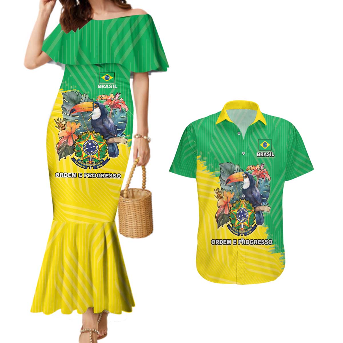 Brazil Coat Of Arms Couples Matching Mermaid Dress and Hawaiian Shirt With Flag Style - Wonder Print Shop