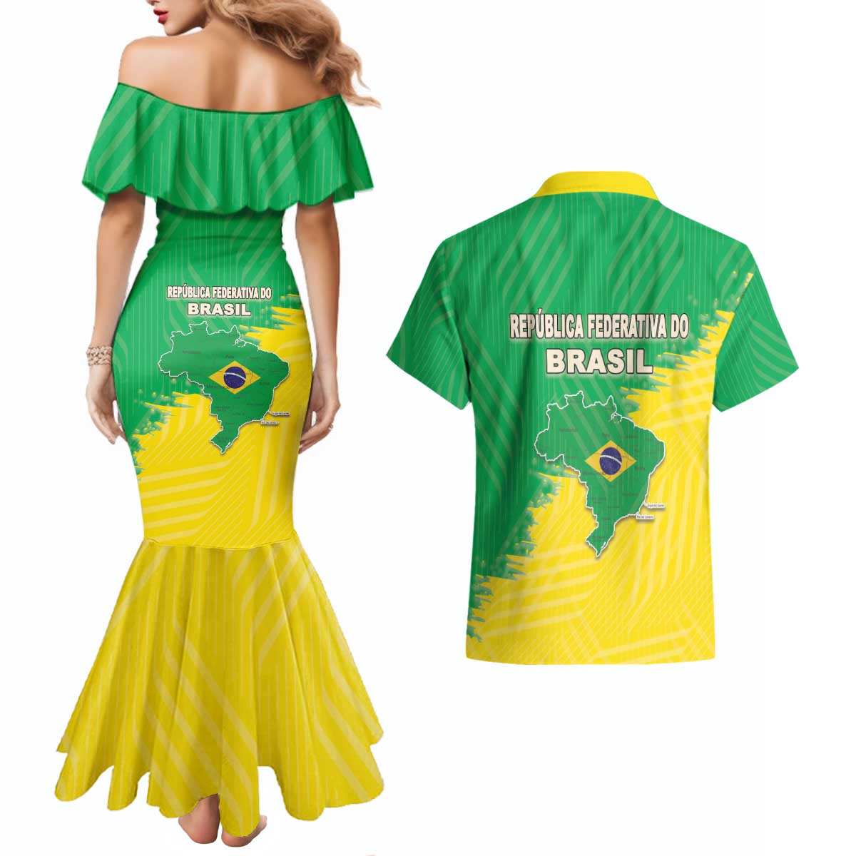 Brazil Coat Of Arms Couples Matching Mermaid Dress and Hawaiian Shirt With Flag Style - Wonder Print Shop