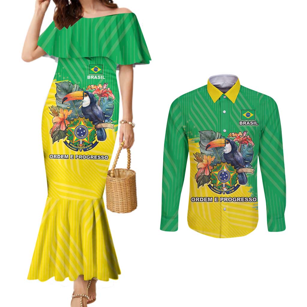 Brazil Coat Of Arms Couples Matching Mermaid Dress and Long Sleeve Button Shirt With Flag Style