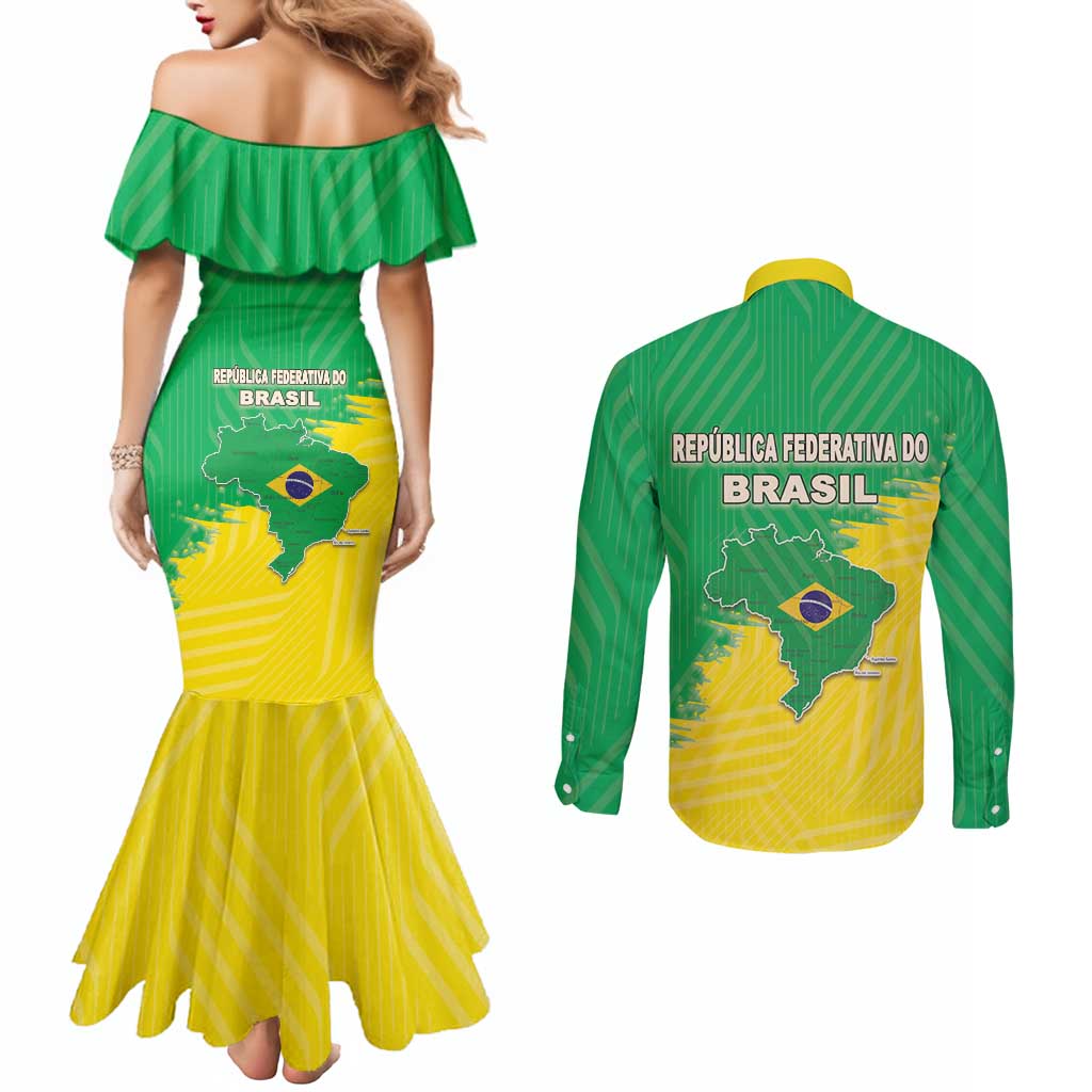 Brazil Coat Of Arms Couples Matching Mermaid Dress and Long Sleeve Button Shirt With Flag Style