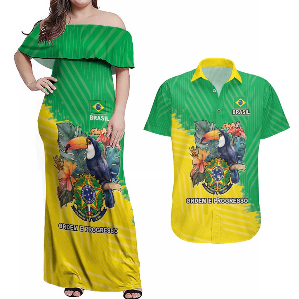 Brazil Coat Of Arms Couples Matching Off Shoulder Maxi Dress and Hawaiian Shirt With Flag Style - Wonder Print Shop
