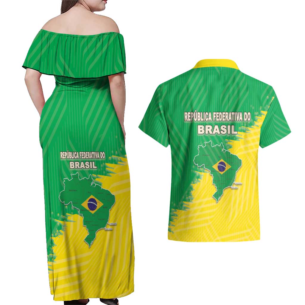 Brazil Coat Of Arms Couples Matching Off Shoulder Maxi Dress and Hawaiian Shirt With Flag Style - Wonder Print Shop
