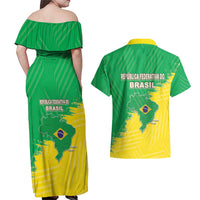 Brazil Coat Of Arms Couples Matching Off Shoulder Maxi Dress and Hawaiian Shirt With Flag Style - Wonder Print Shop