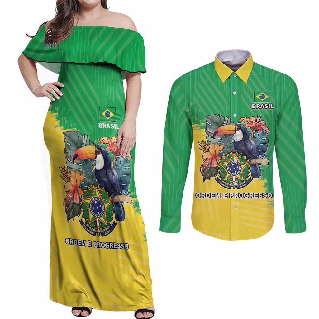 Brazil Coat Of Arms Couples Matching Off Shoulder Maxi Dress and Long Sleeve Button Shirt With Flag Style - Wonder Print Shop