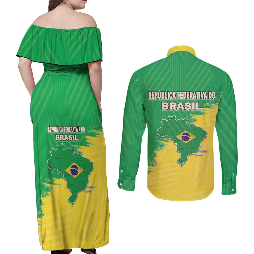 Brazil Coat Of Arms Couples Matching Off Shoulder Maxi Dress and Long Sleeve Button Shirt With Flag Style - Wonder Print Shop