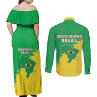 Brazil Coat Of Arms Couples Matching Off Shoulder Maxi Dress and Long Sleeve Button Shirt With Flag Style - Wonder Print Shop