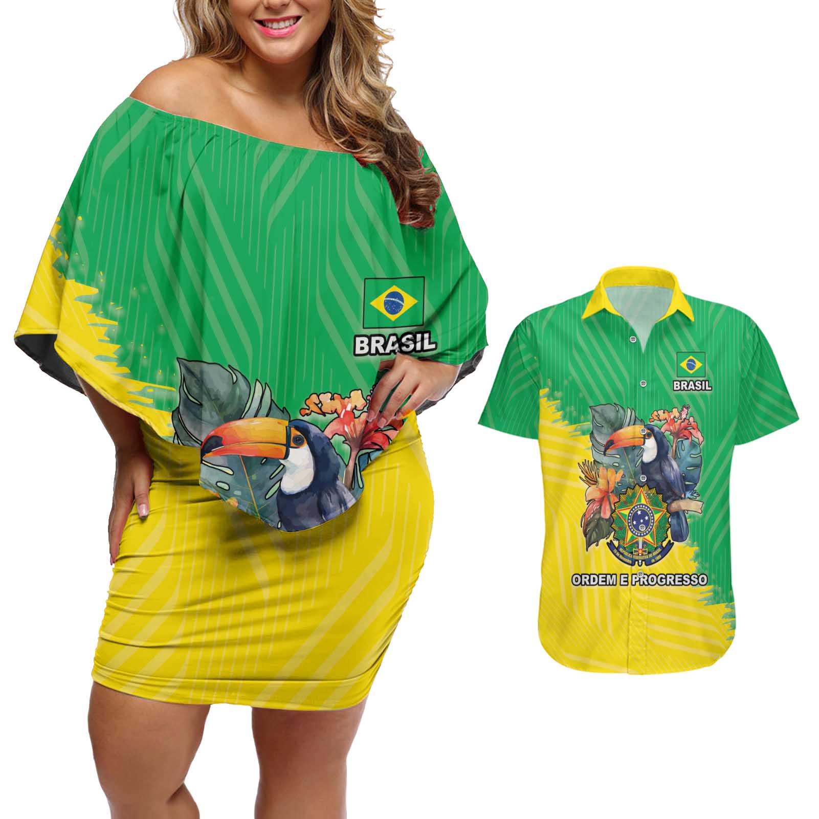 Brazil Coat Of Arms Couples Matching Off Shoulder Short Dress and Hawaiian Shirt With Flag Style - Wonder Print Shop