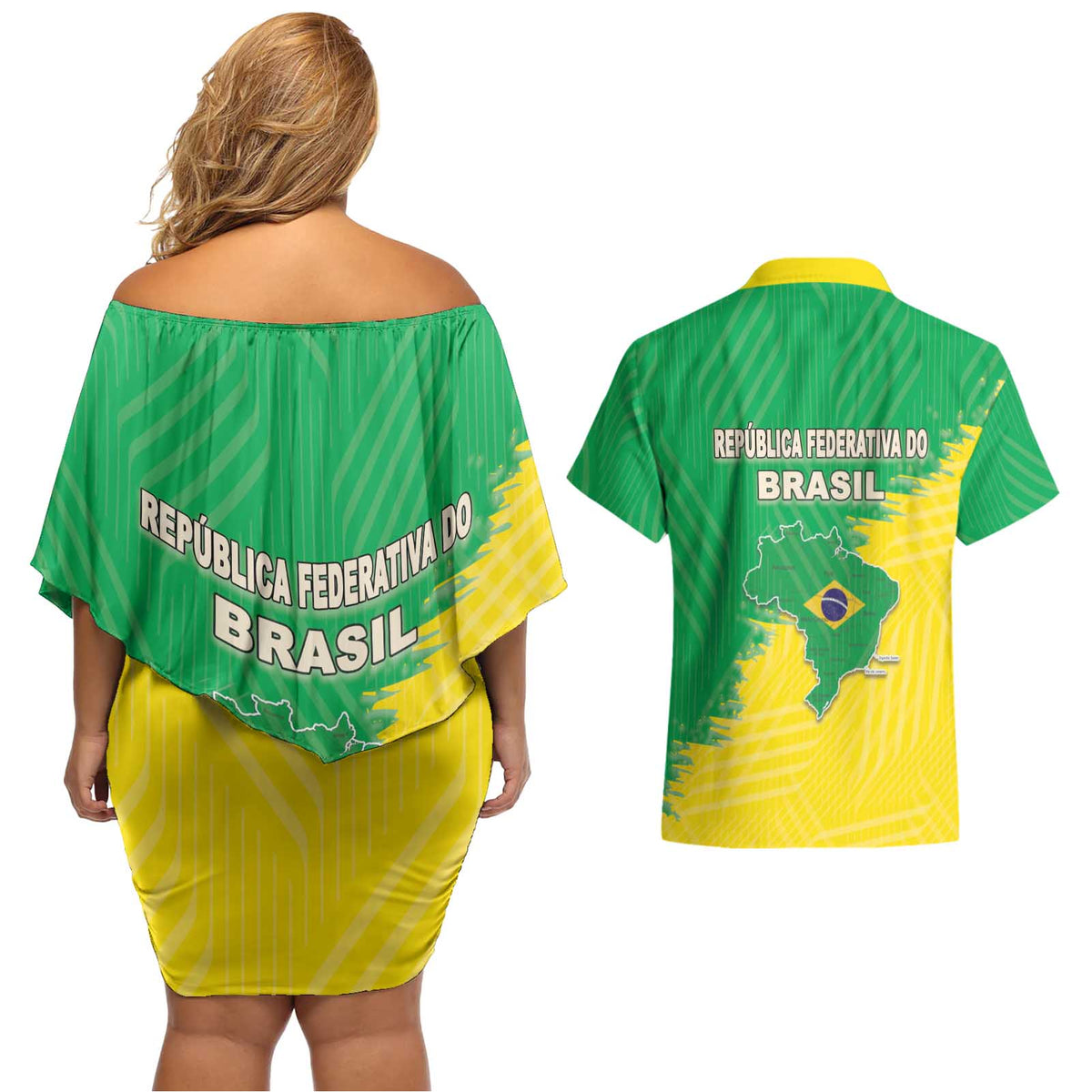 Brazil Coat Of Arms Couples Matching Off Shoulder Short Dress and Hawaiian Shirt With Flag Style - Wonder Print Shop