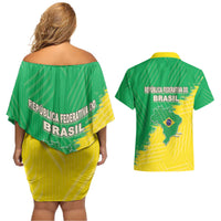 Brazil Coat Of Arms Couples Matching Off Shoulder Short Dress and Hawaiian Shirt With Flag Style - Wonder Print Shop
