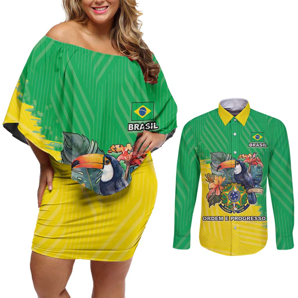 Brazil Coat Of Arms Couples Matching Off Shoulder Short Dress and Long Sleeve Button Shirt With Flag Style - Wonder Print Shop
