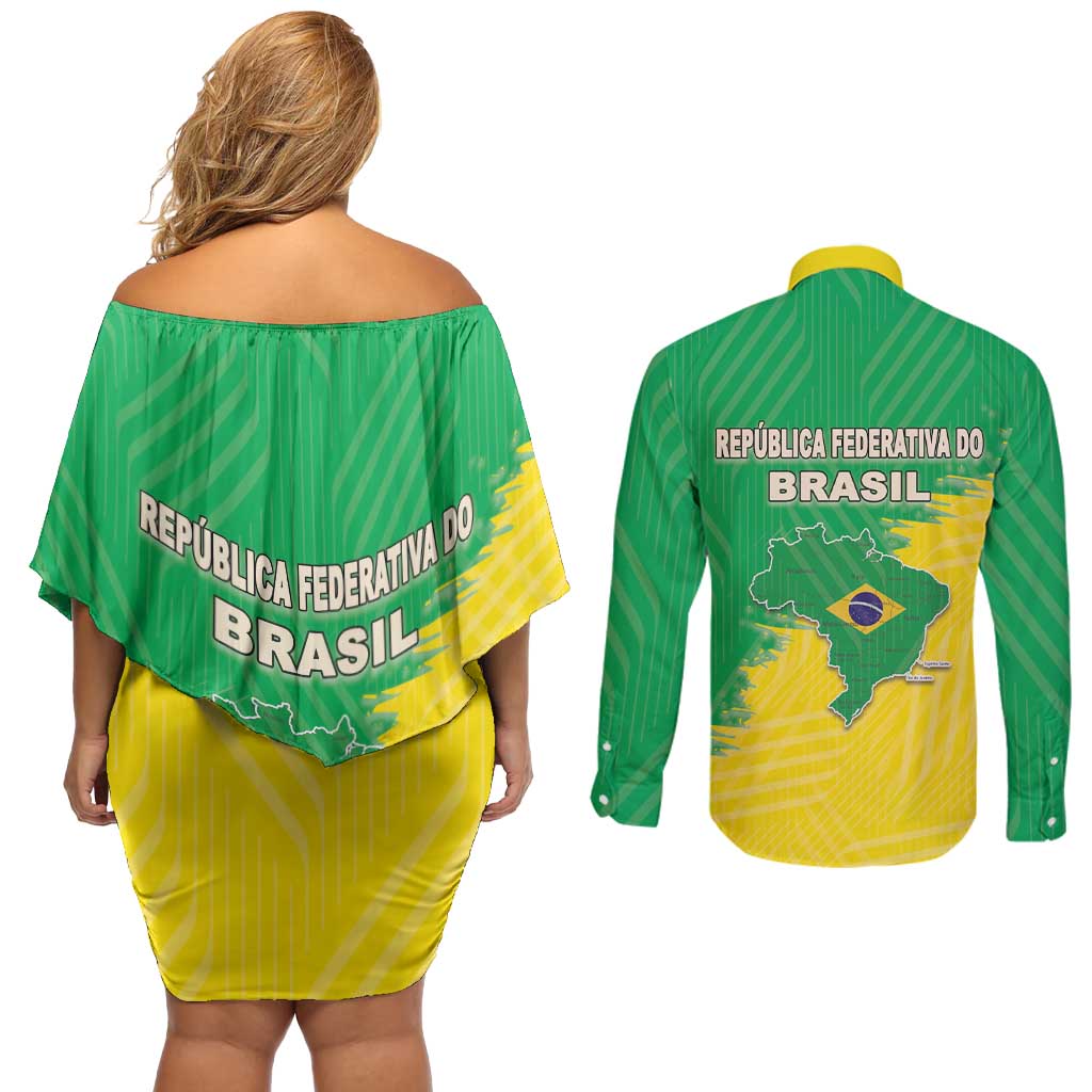 Brazil Coat Of Arms Couples Matching Off Shoulder Short Dress and Long Sleeve Button Shirt With Flag Style - Wonder Print Shop