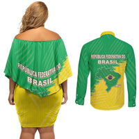 Brazil Coat Of Arms Couples Matching Off Shoulder Short Dress and Long Sleeve Button Shirt With Flag Style - Wonder Print Shop
