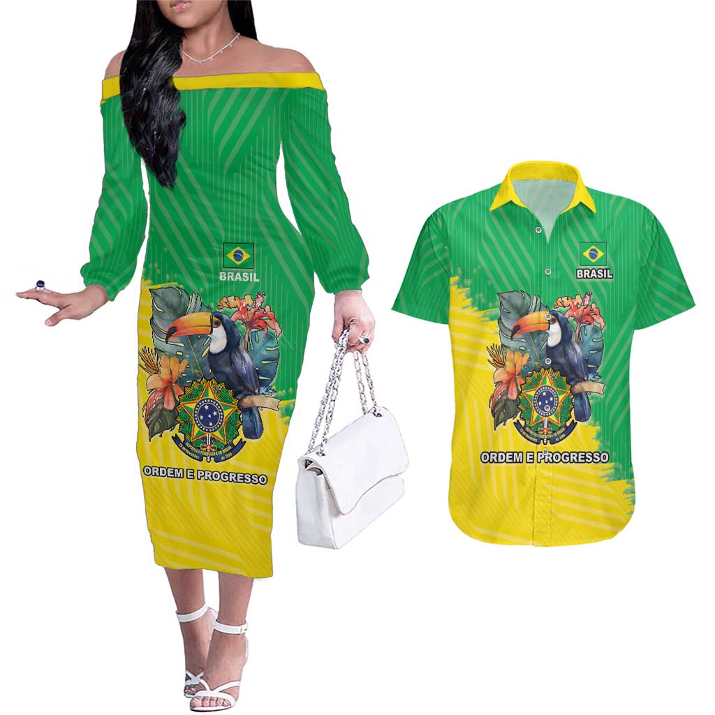 Brazil Coat Of Arms Couples Matching Off The Shoulder Long Sleeve Dress and Hawaiian Shirt With Flag Style - Wonder Print Shop