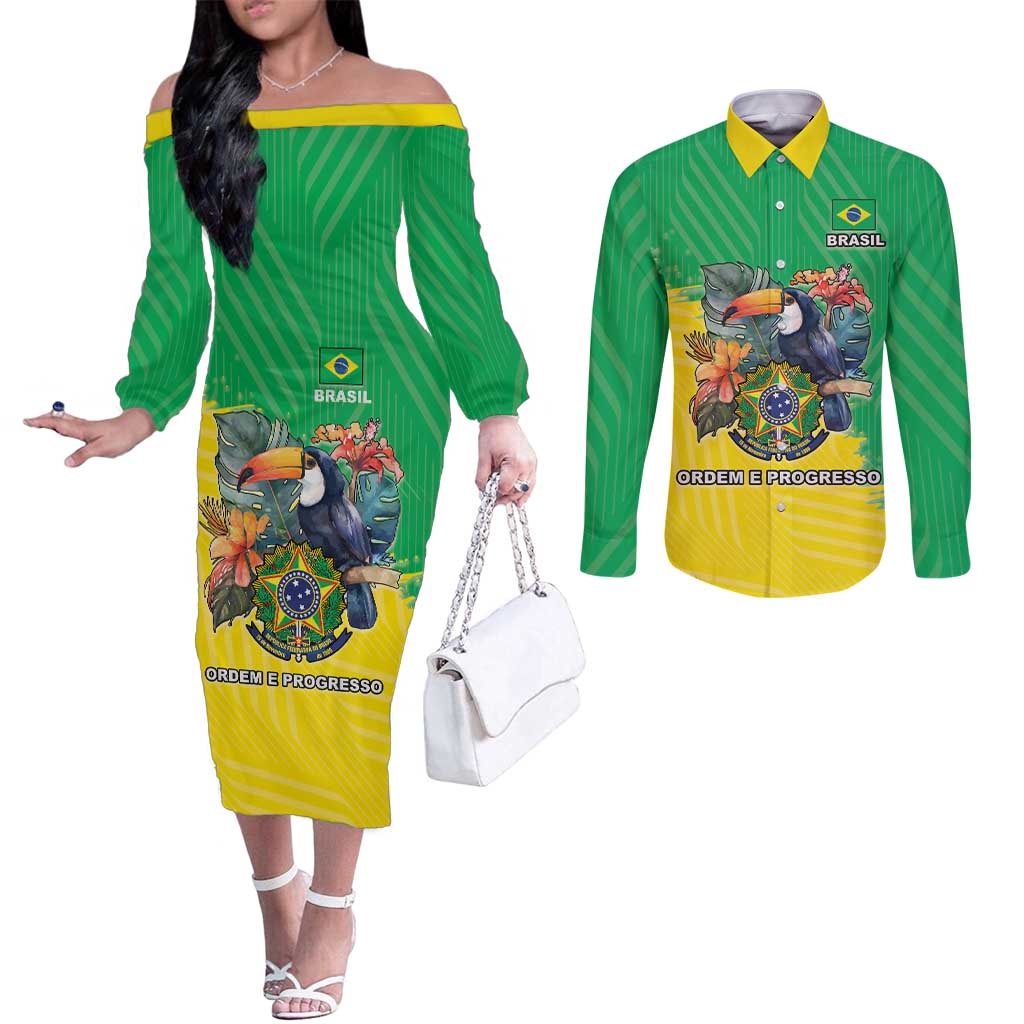 Brazil Coat Of Arms Couples Matching Off The Shoulder Long Sleeve Dress and Long Sleeve Button Shirt With Flag Style