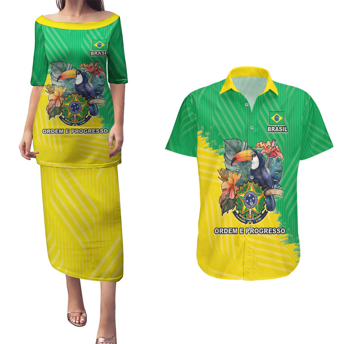 Brazil Coat Of Arms Couples Matching Puletasi and Hawaiian Shirt With Flag Style - Wonder Print Shop