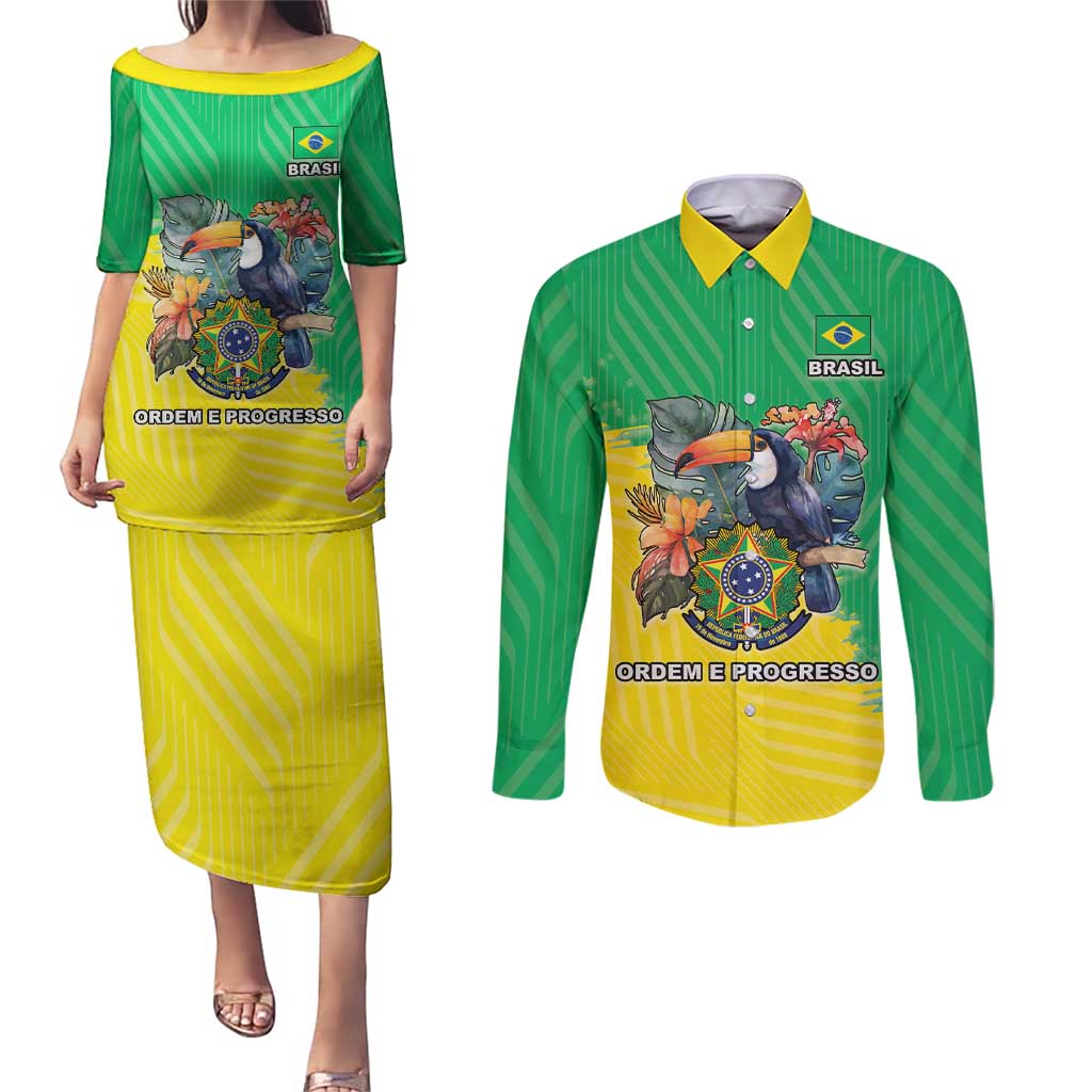 Brazil Coat Of Arms Couples Matching Puletasi and Long Sleeve Button Shirt With Flag Style - Wonder Print Shop