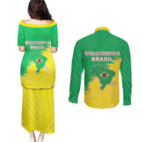 Brazil Coat Of Arms Couples Matching Puletasi and Long Sleeve Button Shirt With Flag Style - Wonder Print Shop
