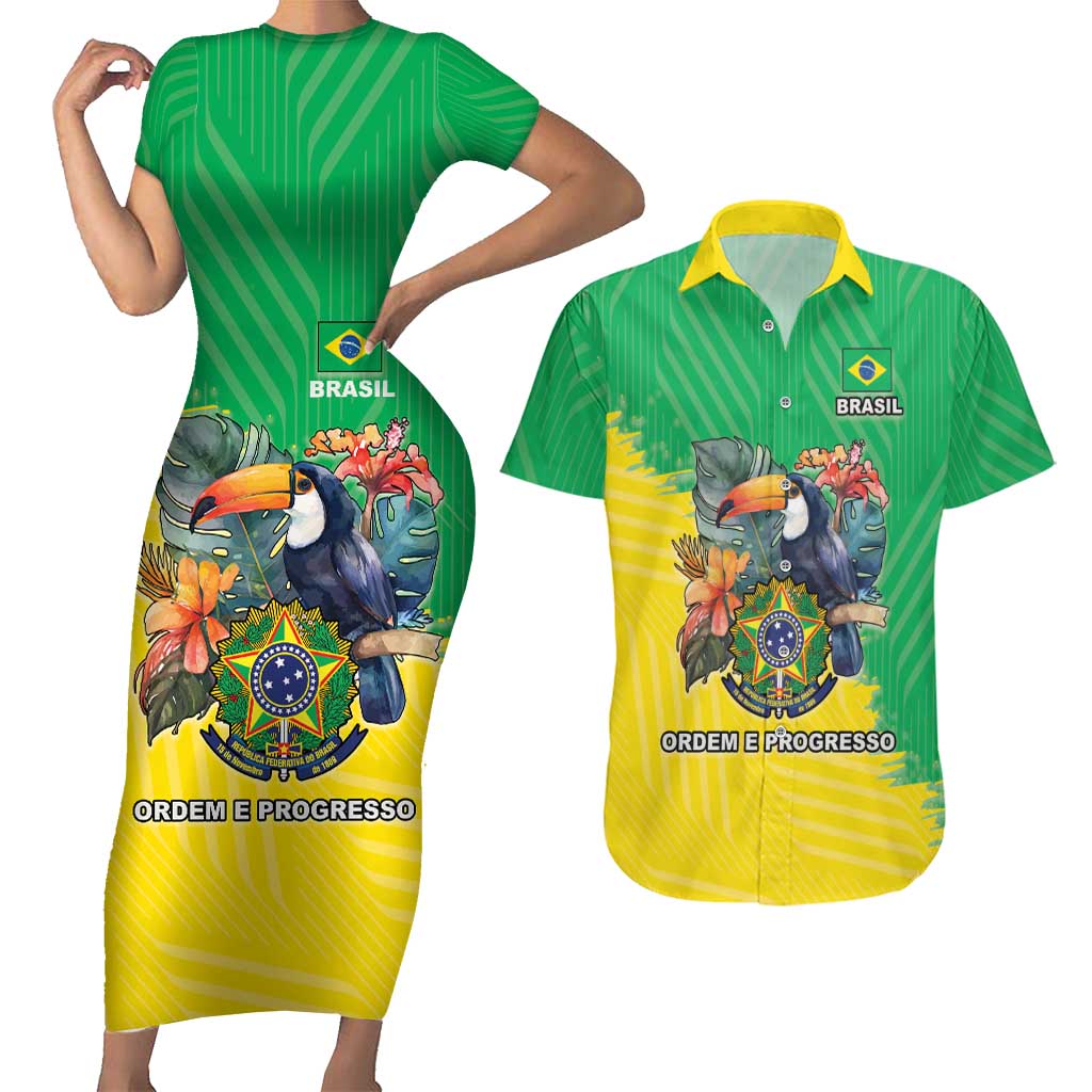 Brazil Coat Of Arms Couples Matching Short Sleeve Bodycon Dress and Hawaiian Shirt With Flag Style - Wonder Print Shop