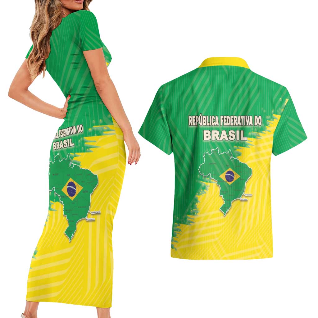 Brazil Coat Of Arms Couples Matching Short Sleeve Bodycon Dress and Hawaiian Shirt With Flag Style - Wonder Print Shop