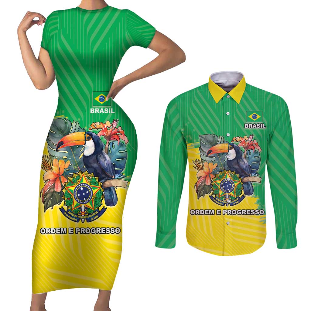Brazil Coat Of Arms Couples Matching Short Sleeve Bodycon Dress and Long Sleeve Button Shirt With Flag Style - Wonder Print Shop