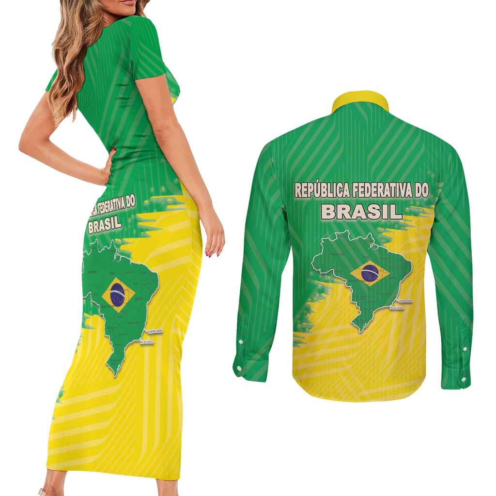 Brazil Coat Of Arms Couples Matching Short Sleeve Bodycon Dress and Long Sleeve Button Shirt With Flag Style - Wonder Print Shop