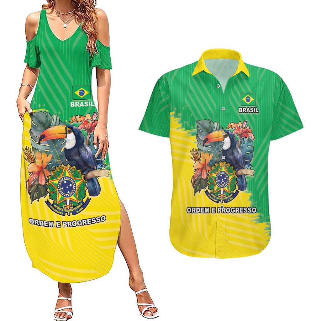 Brazil Coat Of Arms Couples Matching Summer Maxi Dress and Hawaiian Shirt With Flag Style - Wonder Print Shop