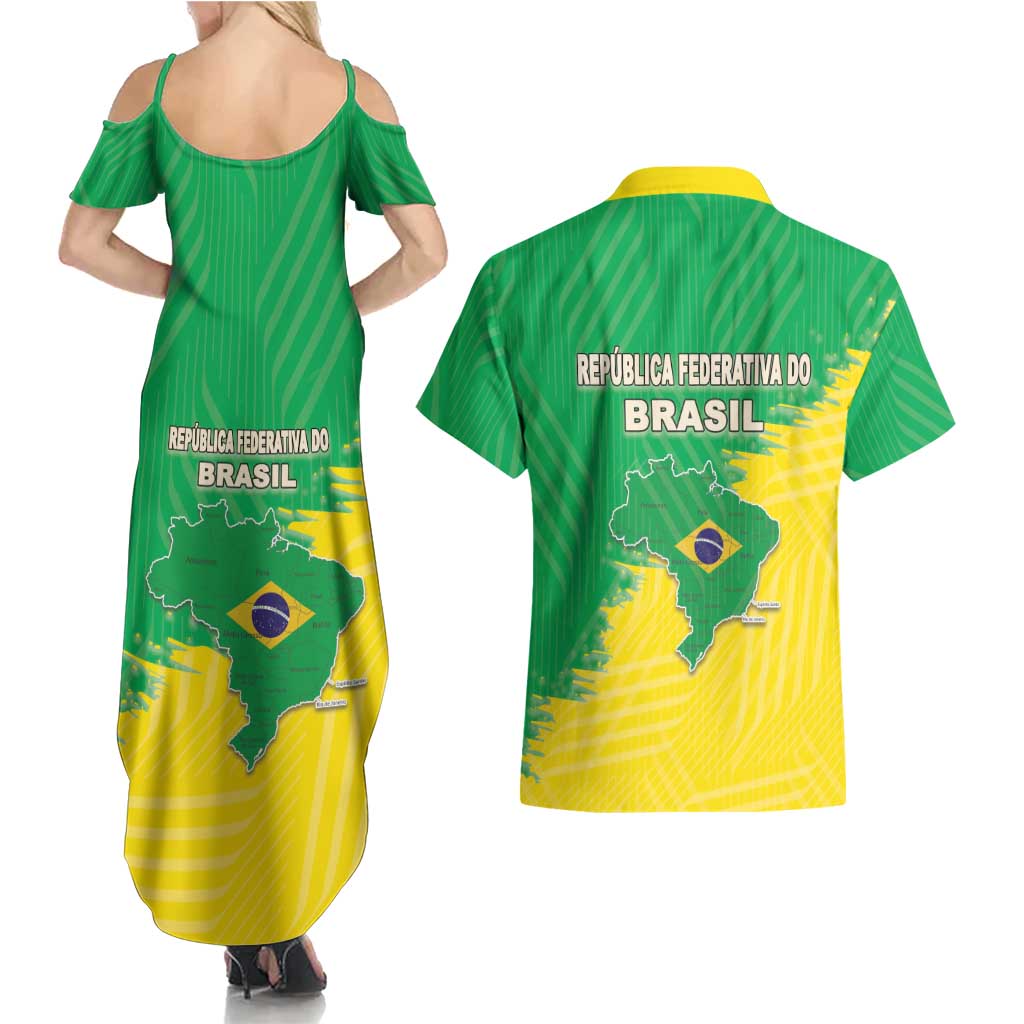 Brazil Coat Of Arms Couples Matching Summer Maxi Dress and Hawaiian Shirt With Flag Style - Wonder Print Shop