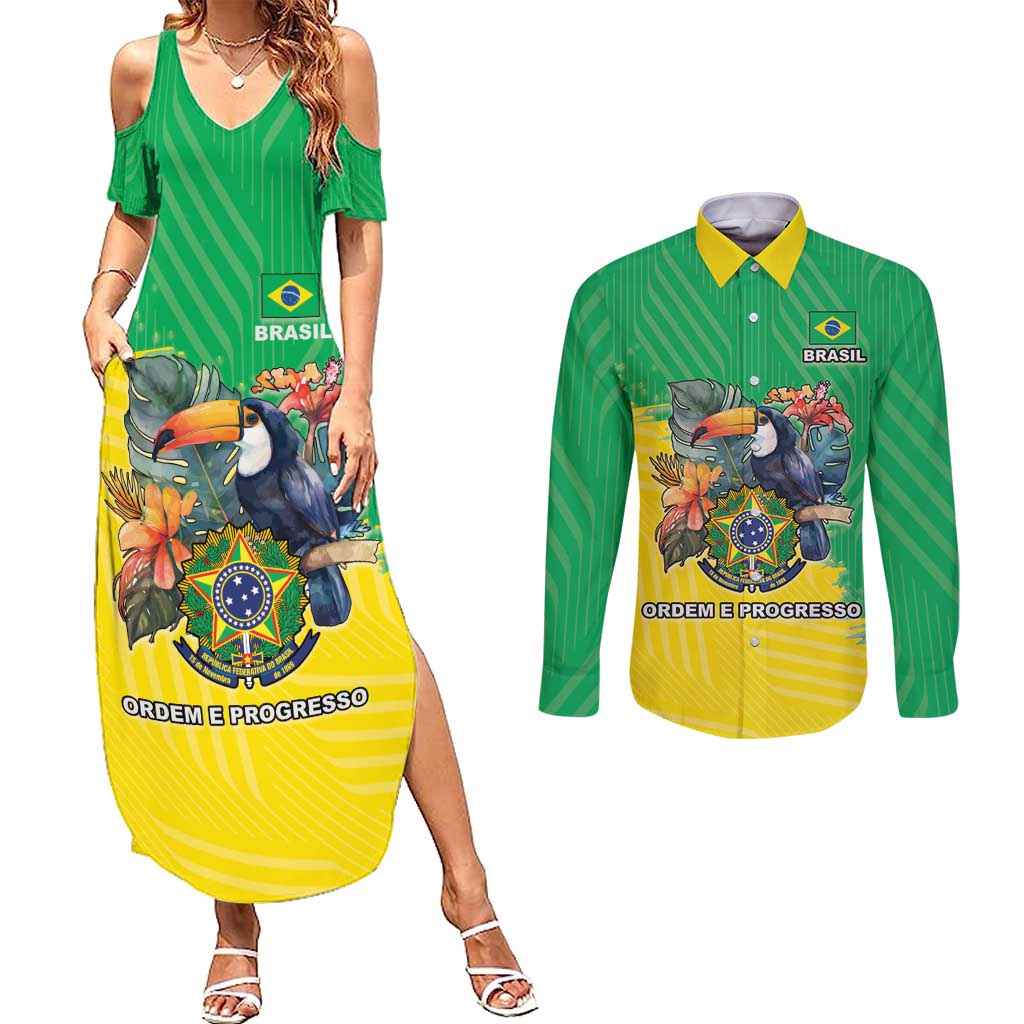 Brazil Coat Of Arms Couples Matching Summer Maxi Dress and Long Sleeve Button Shirt With Flag Style - Wonder Print Shop
