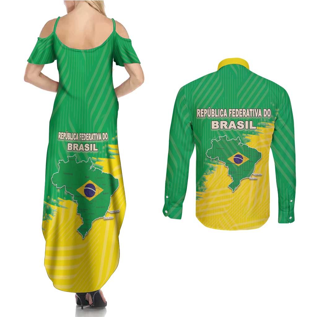 Brazil Coat Of Arms Couples Matching Summer Maxi Dress and Long Sleeve Button Shirt With Flag Style - Wonder Print Shop