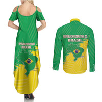 Brazil Coat Of Arms Couples Matching Summer Maxi Dress and Long Sleeve Button Shirt With Flag Style - Wonder Print Shop