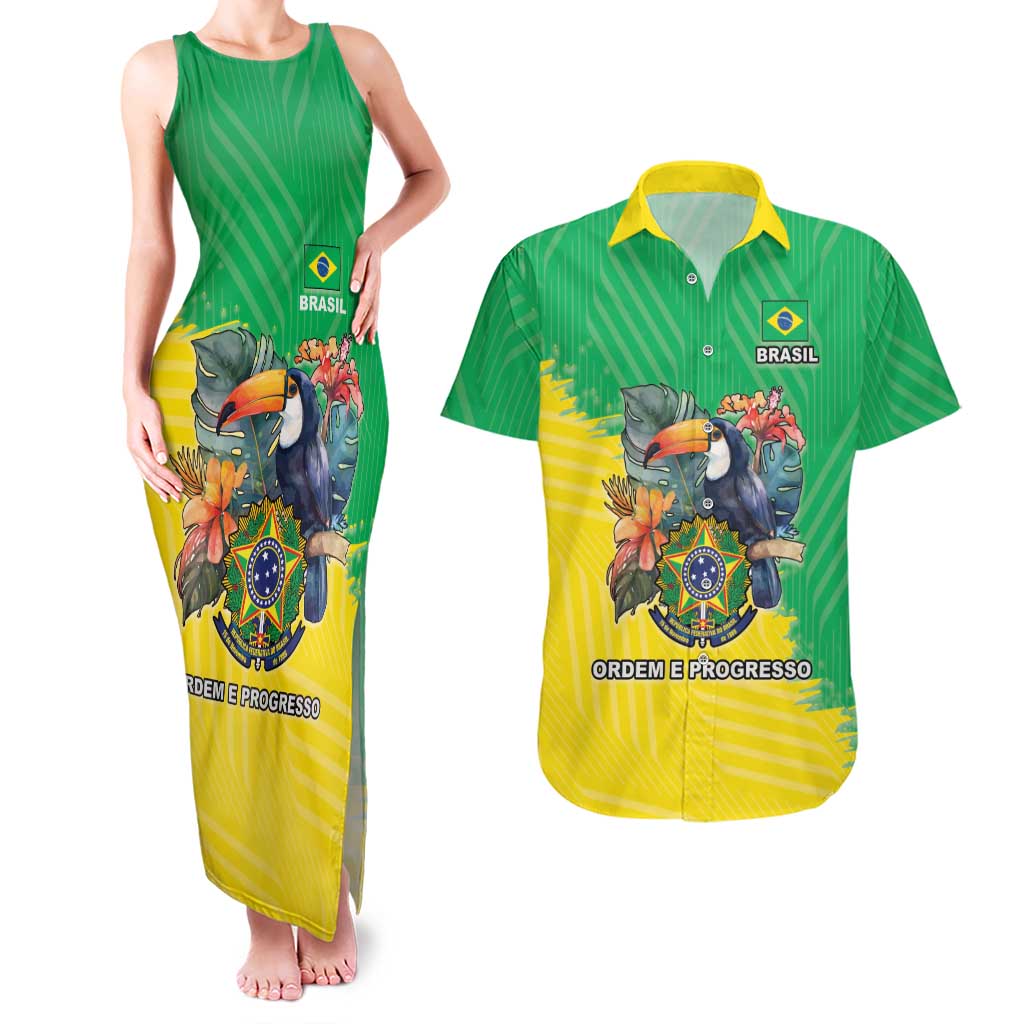 Brazil Coat Of Arms Couples Matching Tank Maxi Dress and Hawaiian Shirt With Flag Style - Wonder Print Shop
