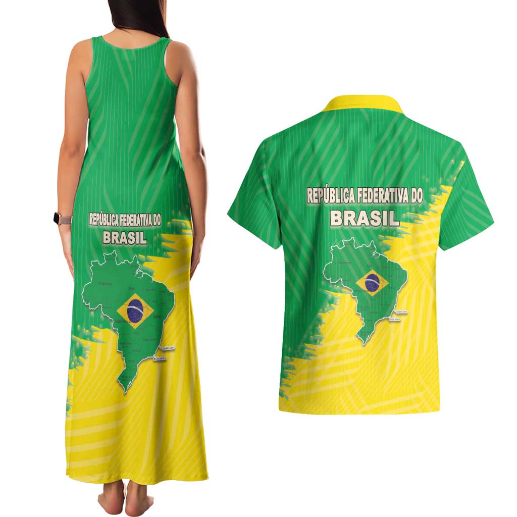 Brazil Coat Of Arms Couples Matching Tank Maxi Dress and Hawaiian Shirt With Flag Style - Wonder Print Shop