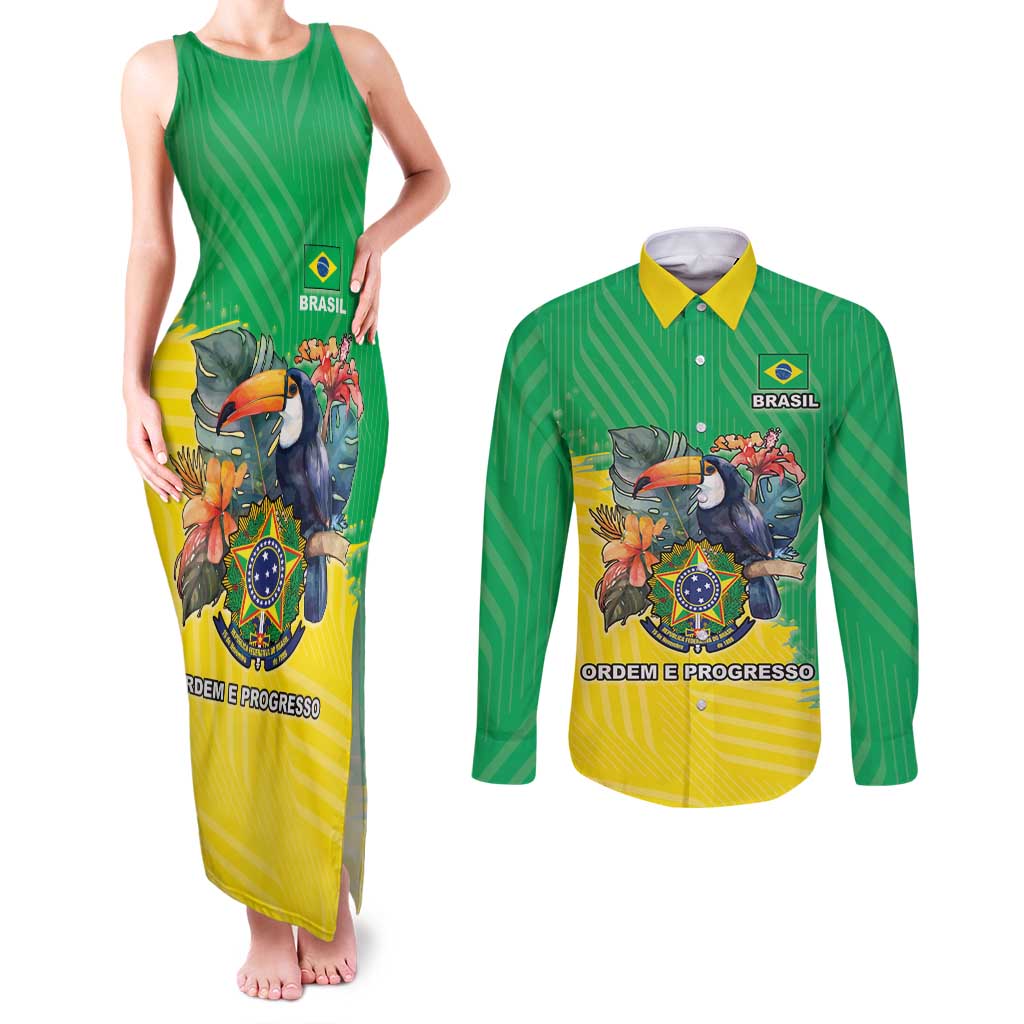 Brazil Coat Of Arms Couples Matching Tank Maxi Dress and Long Sleeve Button Shirt With Flag Style - Wonder Print Shop