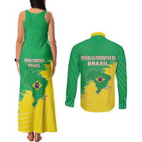 Brazil Coat Of Arms Couples Matching Tank Maxi Dress and Long Sleeve Button Shirt With Flag Style - Wonder Print Shop
